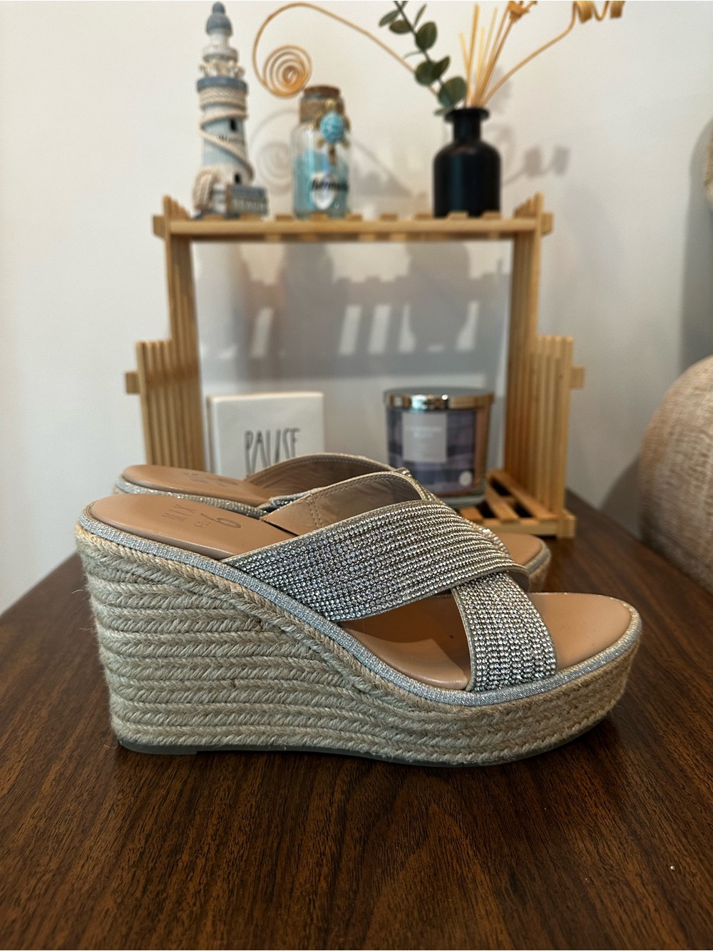 Mix No. 6 Woven Espadrille Wedge Rhinestone Sandals in Natural and Silver